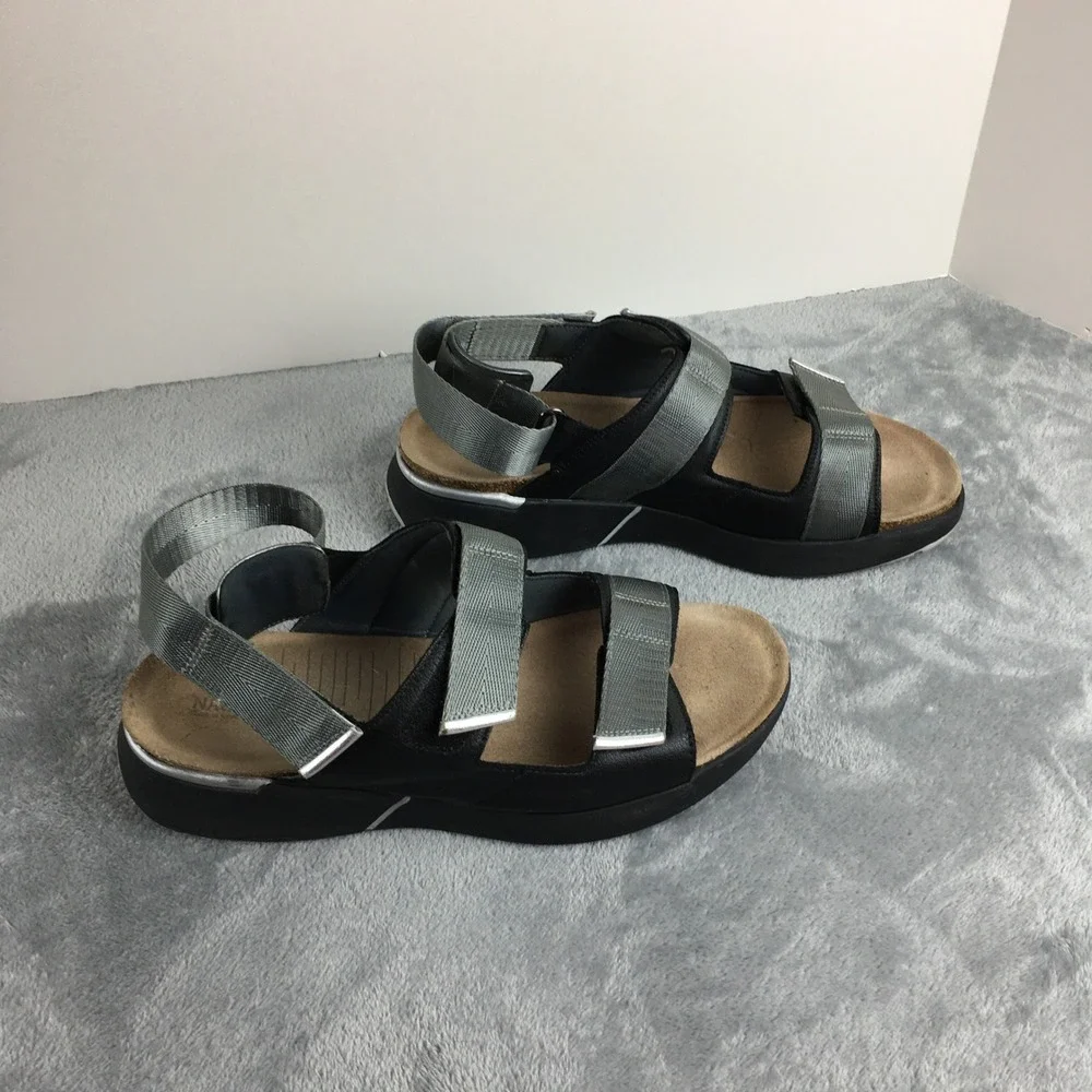 Naot Apollo Women 41 L10 Black Silver Metallic Leather Strappy Sport‎ Sandals